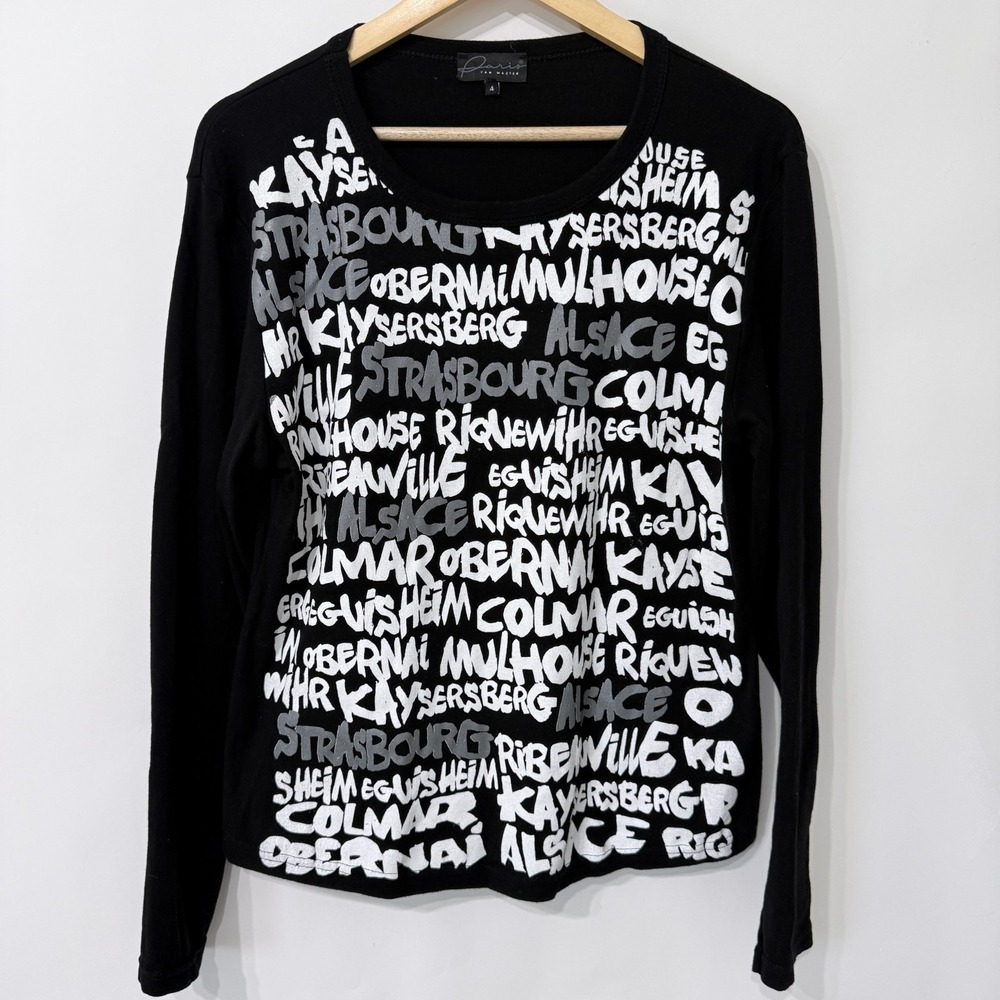 Paris Yan Master Graphic Long Sleeve Top US Size M Black White European Text
